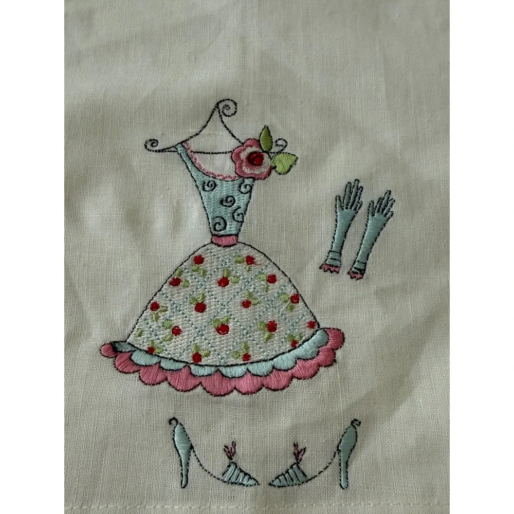 Vintage Style Embroidered Dress Tea Towels Set of 2 Pink Blue Polka Dot Linen